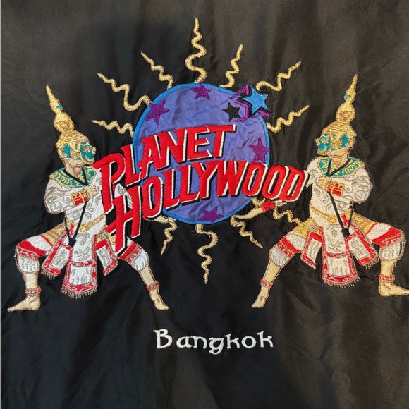 planet hollywood Other - Vtg Planet Hollywood Bangkok Bomber Jacket XL 100% Silk Black Embroidered Rare